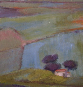 Paneeltje blauw landschap, 30 x 30, acryl, € 95,-