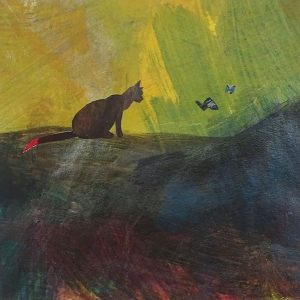 kat met vlinder, 16 x 16, acryl op papier, € 75,-