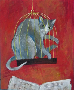 Eindelijk de krant, 47 x 57, acryl op papier, € 295,-