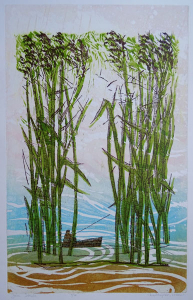 buitenpret - vissen, ets/linosnede, 31 x 49, € 195,-
