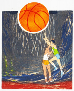 doelgericht (basketbal), 34 x 40, ets/linosnede, € 145,-