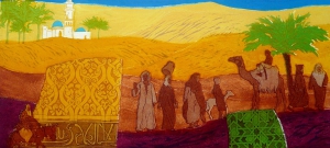Dichtbij en toch zo ver ( Arab), 27 x 58, ets/linosnede, € 235,-;