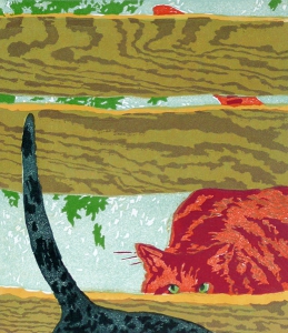 Nieuwe buren, 36 x 40, linosnede, € 195,-