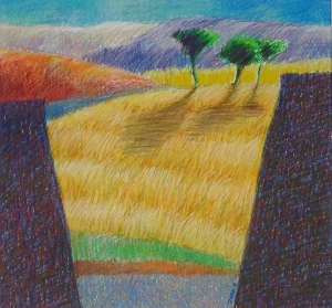Landschap, 36 x 39, pastel, € 285,-