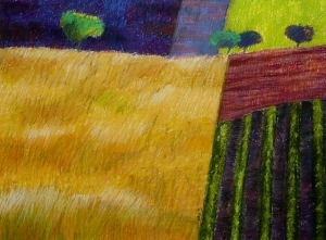 Korenveld (met 4 boompjes), 35 x 48, pastel, € 285,-