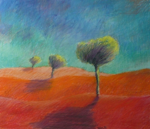 Rood landschap, 40 x 47, pastel, € 285,-