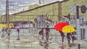 spoorovergang, 15 x 26, ets/linosnede, € 85,-