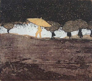 de optimist, 17 x 19, ets/linosnede, € 75,-