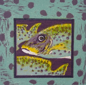 zwartgevlekte knorvis, 17 x 17, ets/linosnede, € 55,-