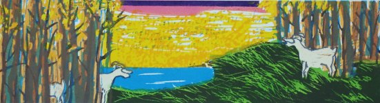 Scharrelgeiten, 11 x 40, linosnede, € 75,-