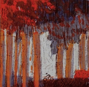 bosgezicht ( rood) · 15x15 cm · ets-linosnede · € 60,-