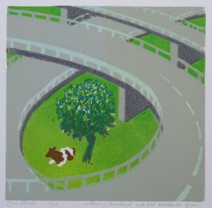 rekening houdend met het bestaande groen · 18x18 cm · linosnede · € 85,-