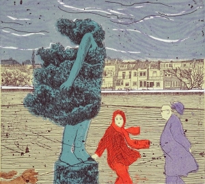 windkracht 8 · 19x21 cm · ets-linosnede · € 85,-