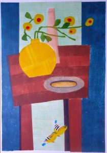 stilleven met vogels · 35x51 cm · sjabloondruk · € 325,-