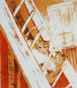 nieuwsgierige katten · 21x24 cm · steendruk · € 95,-